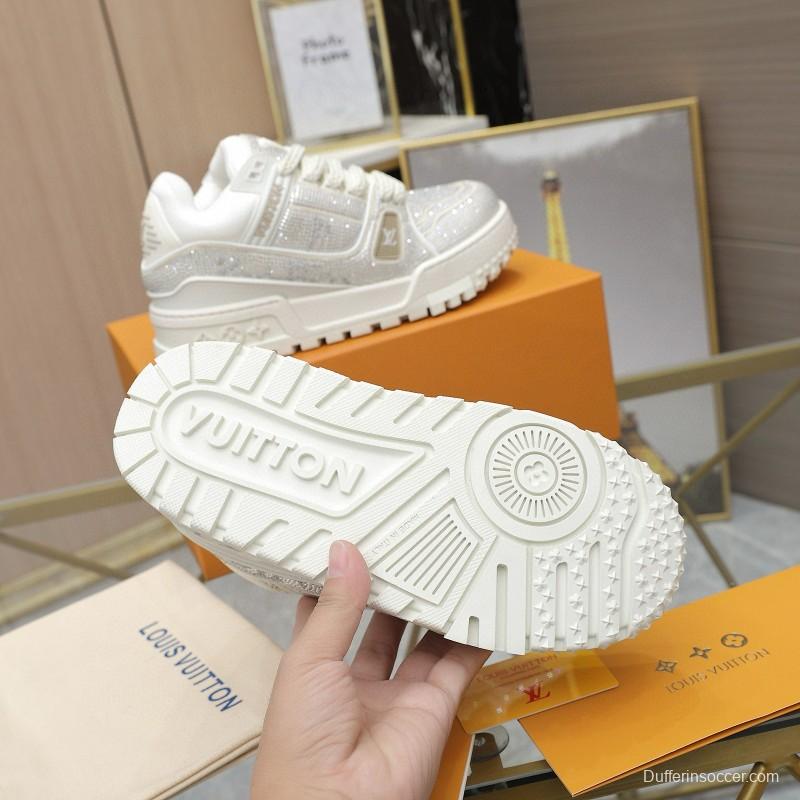 2024 Unisex Louis Vuitton White Crystal Trainer Leather Plimsolls High Temperature Pressing MJ00430