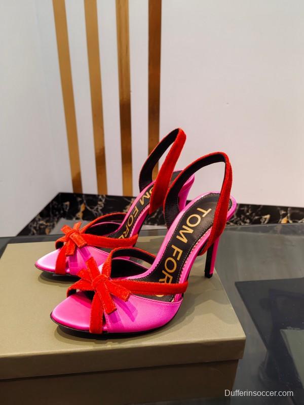 2025 Women TOM FORD Pink Red Velvet Silk High Heel Open Back Sandals