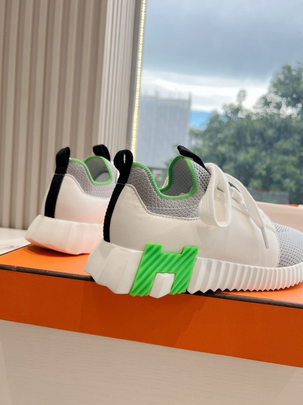 2024 Unisex Hermès White Green Calfskin Suede Sneakers MJ00290