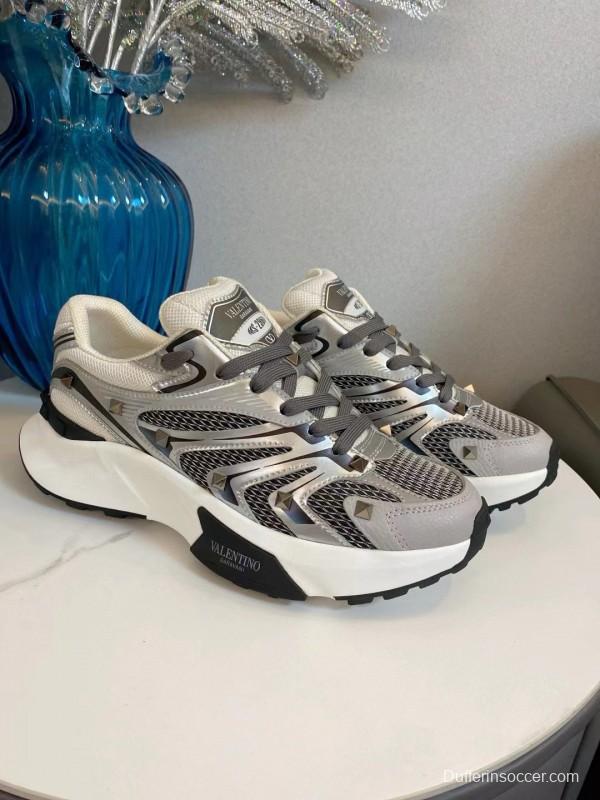 2024 Unisex Valentino White Black Grey Mesh Leather Sneakers MJ00410
