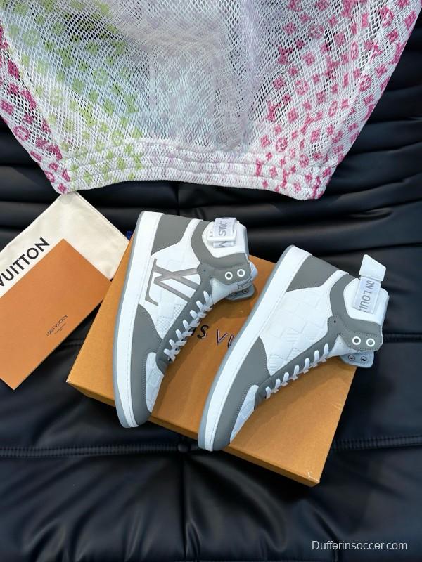 2024 Men Louis Vuitton White Grey Leather Canvas High Top Classic Sneakers MJ00420