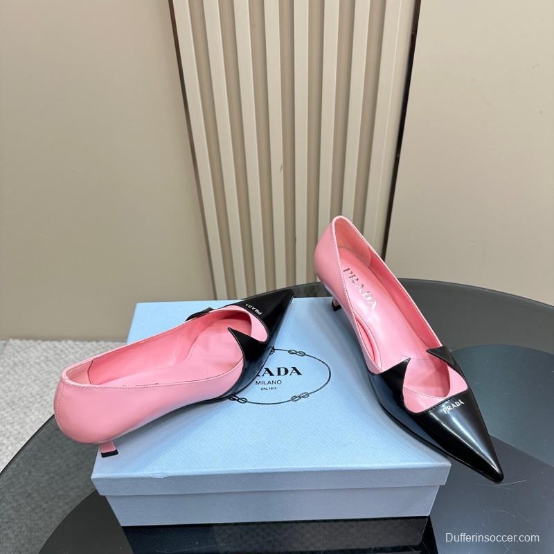 2025 Women Prada Pink Black Leather Pointed Toe Low Heel KFY00310