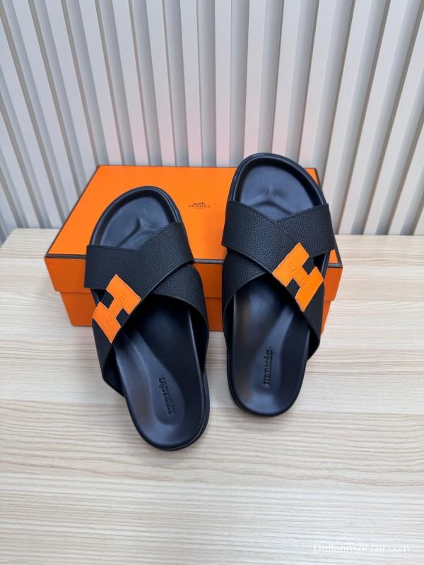 2025 Slippers Hermès Black Orange Leather Slippers