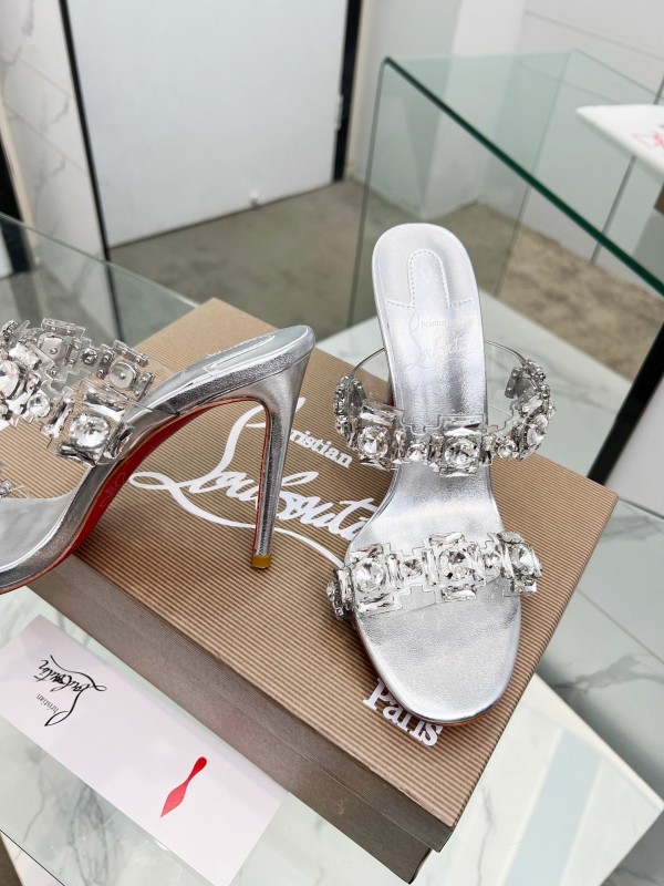 2025 Women Christian Louboutin Silver Leather High Heel Sandals Diamond Decoration LY00300