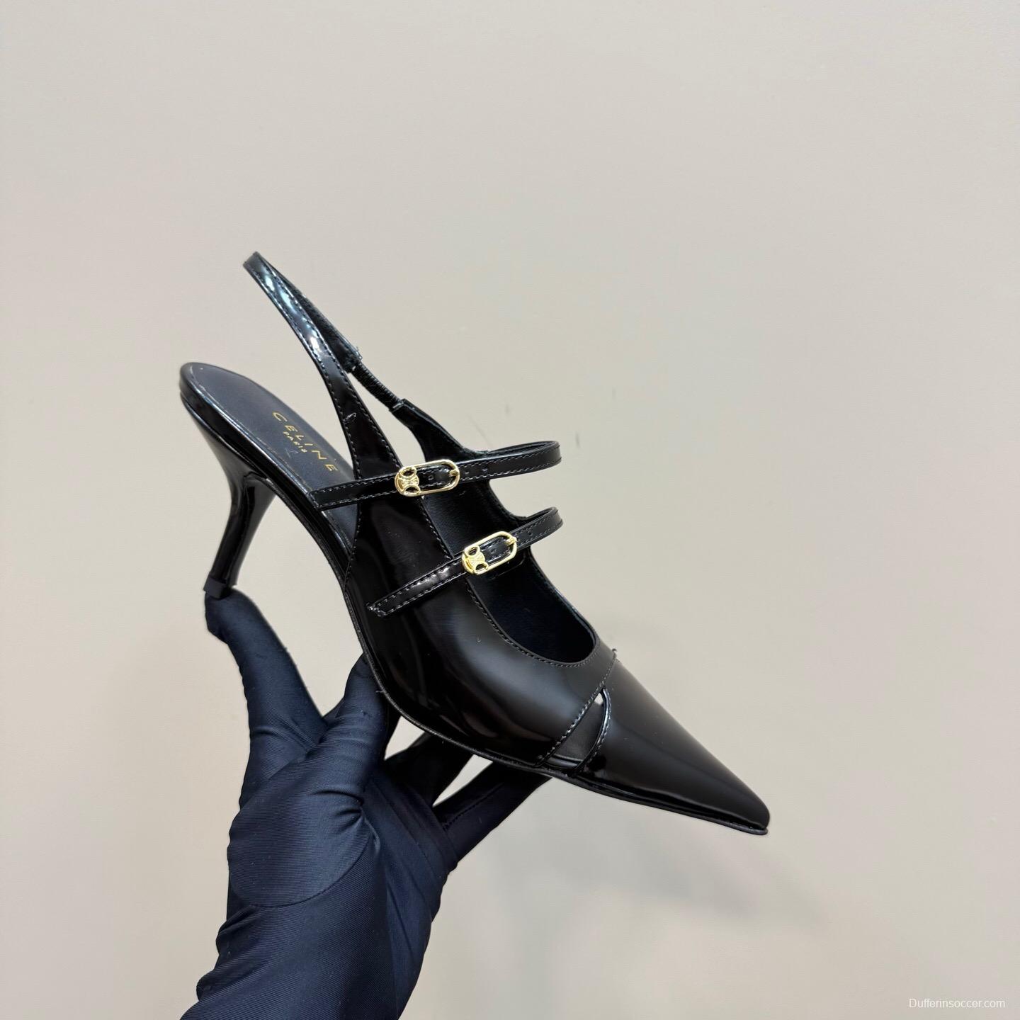 2025 Women CELINE Black Patent Leather Pointed Toe Slingback Heels