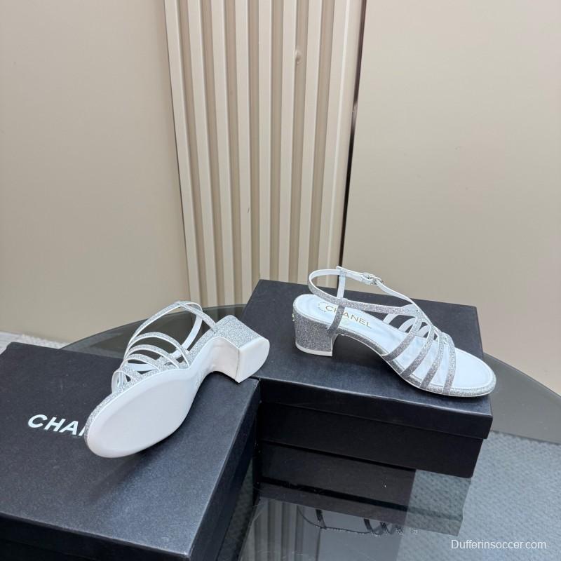 2025 Women Chanel Silver Leather Sandals
