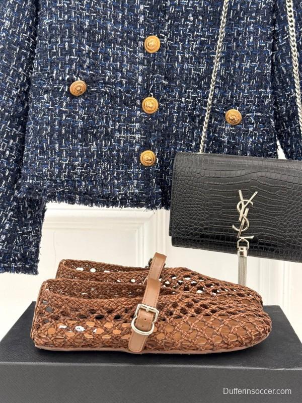 2025 Women AlAIA Brown Leather Woven Mary Jane Shoes