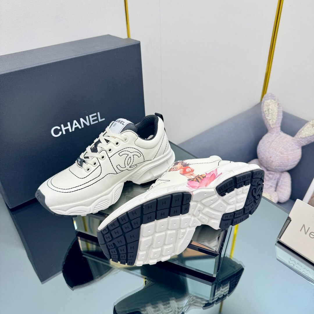 2025 Women Chanel White Leather Sneakers Nezha Pattern