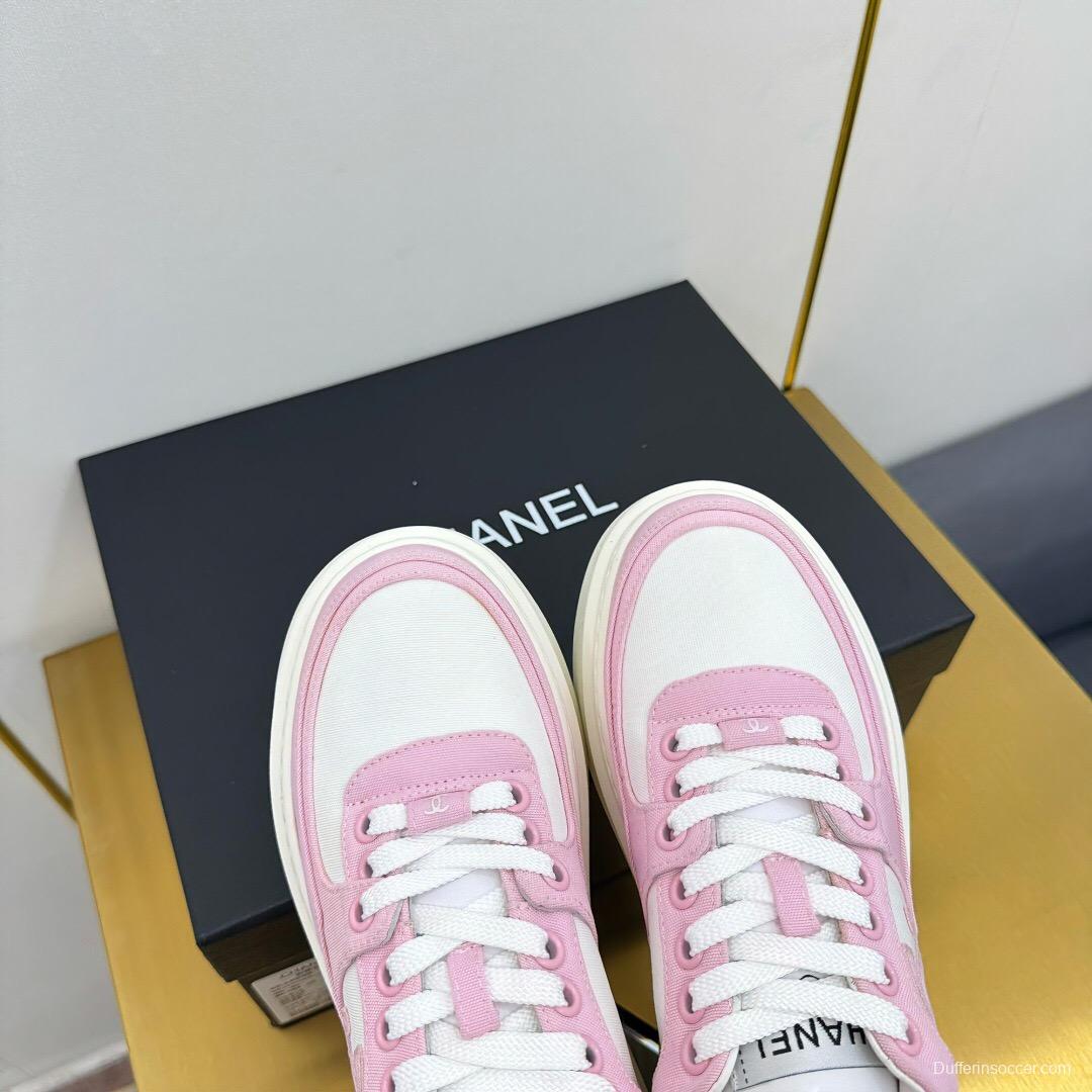 2025 Women Chanel Pink White Leather Suede Platform Sneakers