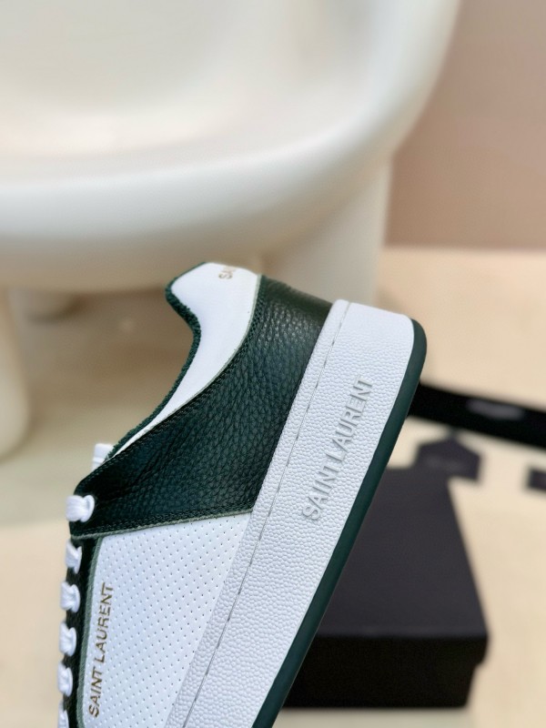 2024 Unisex Yves Saint Laurent White Dark Green Leather Silk Cowhide SL61 Casual Shoes Perforation MJ00350