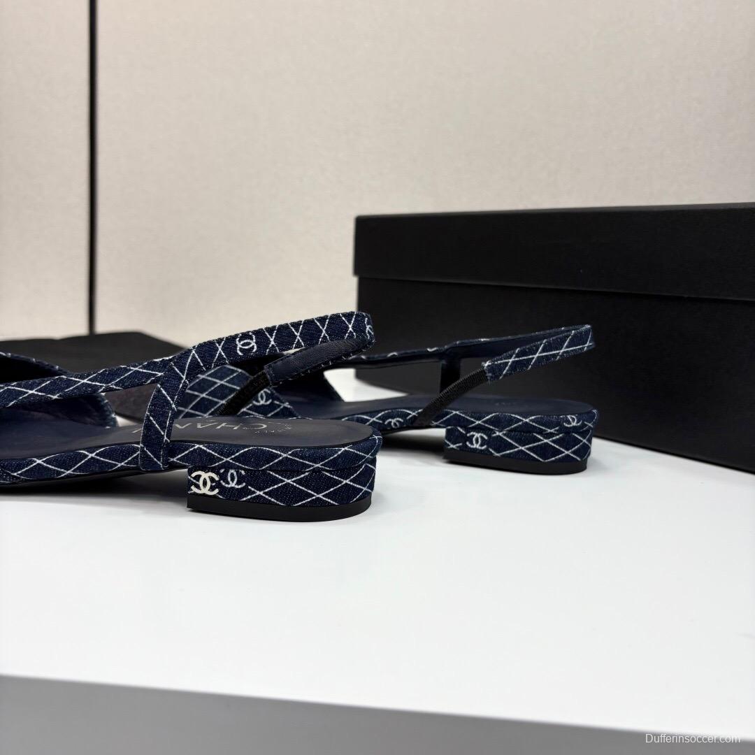 2025 Women Chanel Navy Blue Grey Fabric Leather Slingback LY00000