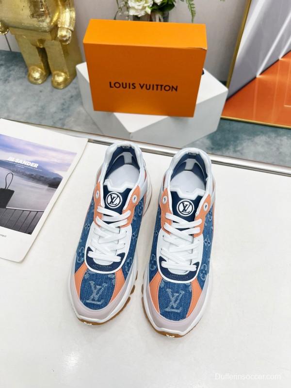 2025 Unisex Louis Vuitton Blue Orange White Leather Mesh Rubber Sneakers Monogram LY00340