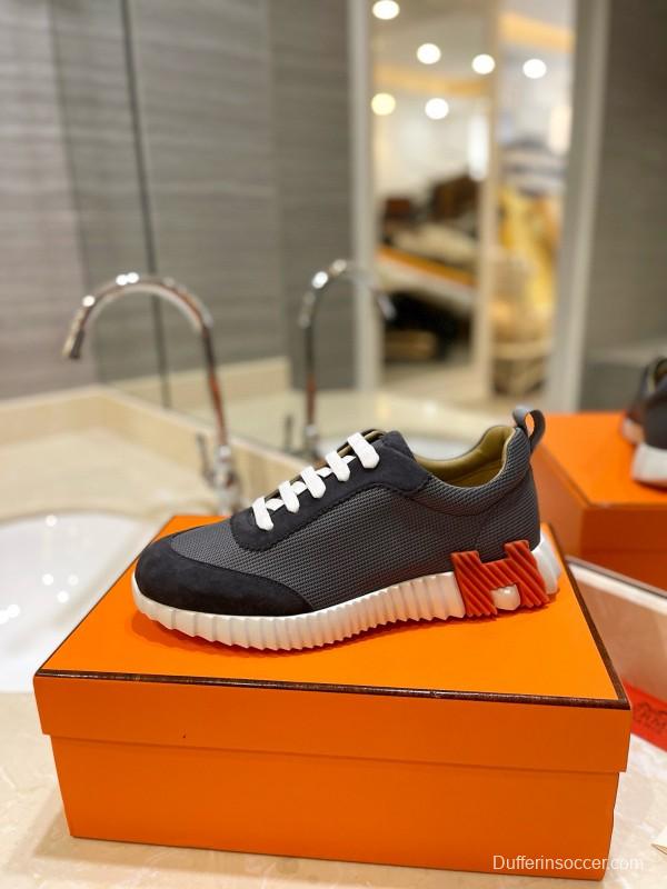 2024 Unisex Hermès Black Gray Imported Calfskin Rainproof Fabric Sneakers MJ00320