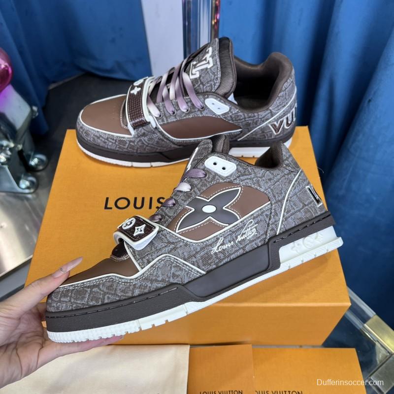 2025 Unisex Louis Vuitton Brown Grey Leather Trainer