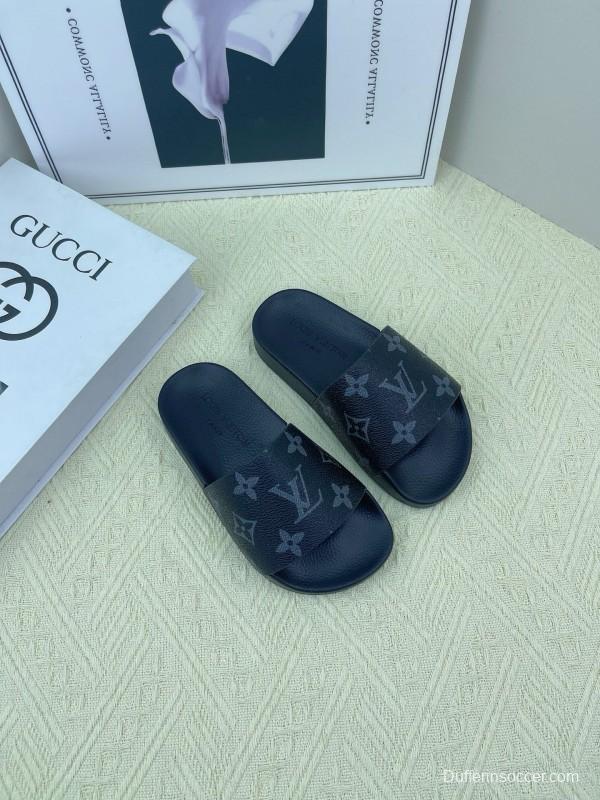 2025 Kids Louis Vuitton Brown Black Leather Slippers