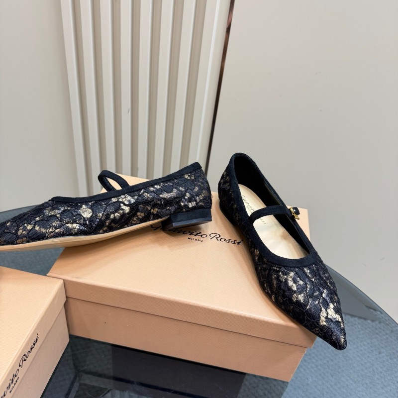 2025 Women Gianvito Rossi Black Lace Leather Mary Jane KFY00260