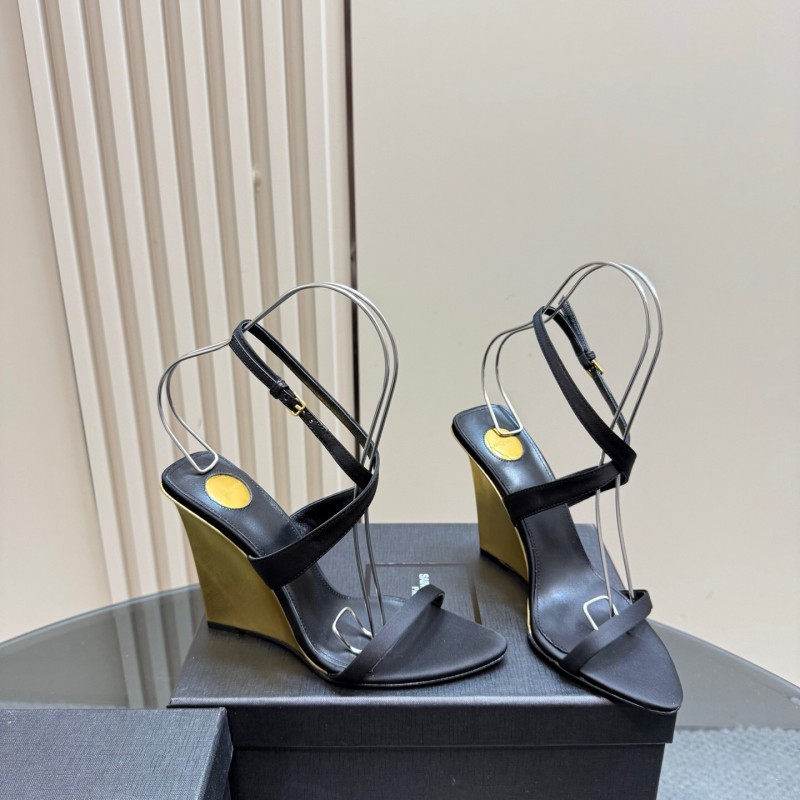 2025 Women Yves Saint Laurent Black And Gold Wedge Sandals Premium Leather Elegant Design LY00360(F)