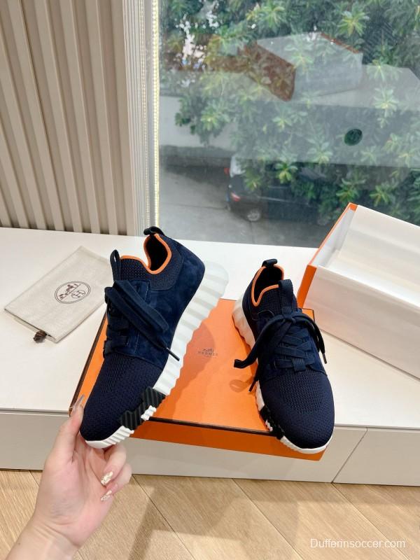 2024 Unisex Hermès爱马仕 Navy Orange White Knit Leather Sneakers MJ00290