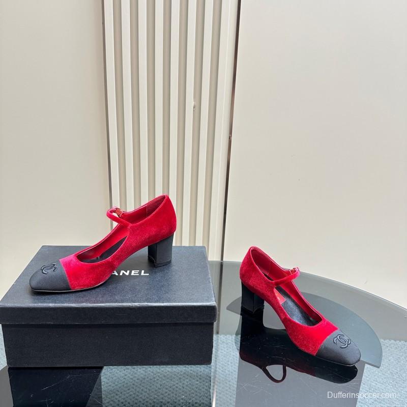 2025 Women Chanel Red Black Suede Leather Mary Jane Logo KFY00290