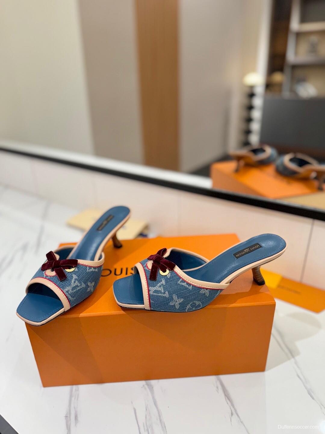 2025 Women Louis Vuitton Blue Denim Leather Sandals KFY00310