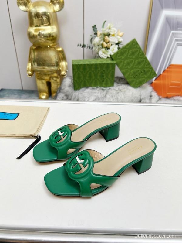 2025 Gucci Green Leather Slippers MJ00190/225