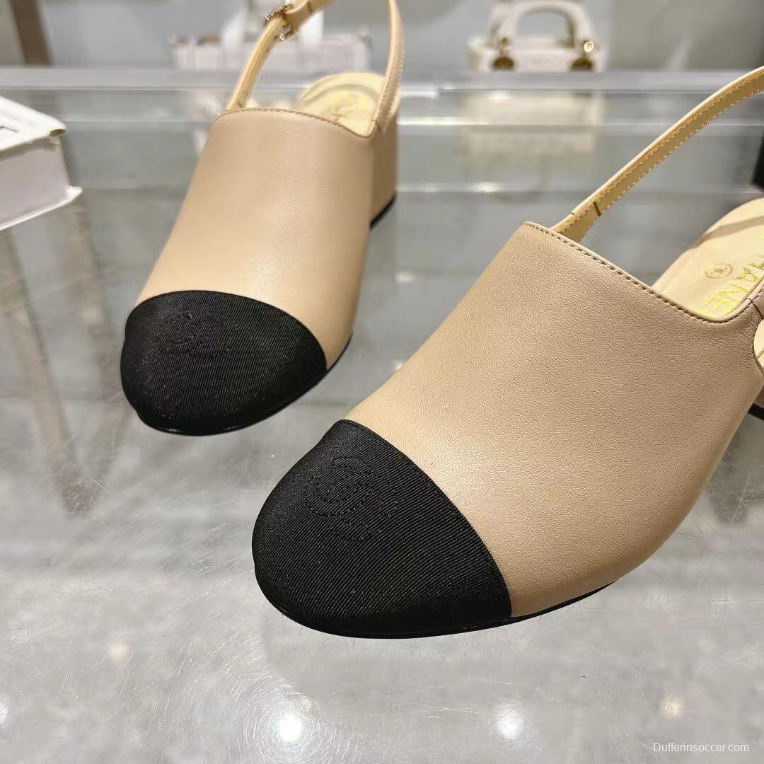 2025 Women Chanel Beige Black Leather Slingback Block Heel LY00300