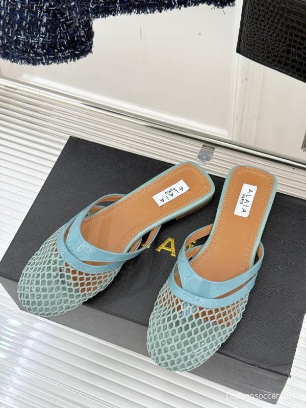 2025 Women AlAIA Light Blue White Leather Mesh Flat Slippers