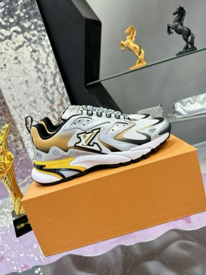 2025 Men Louis Vuitton Gradient Yellow White Leather Mesh Sneakers MJ00420