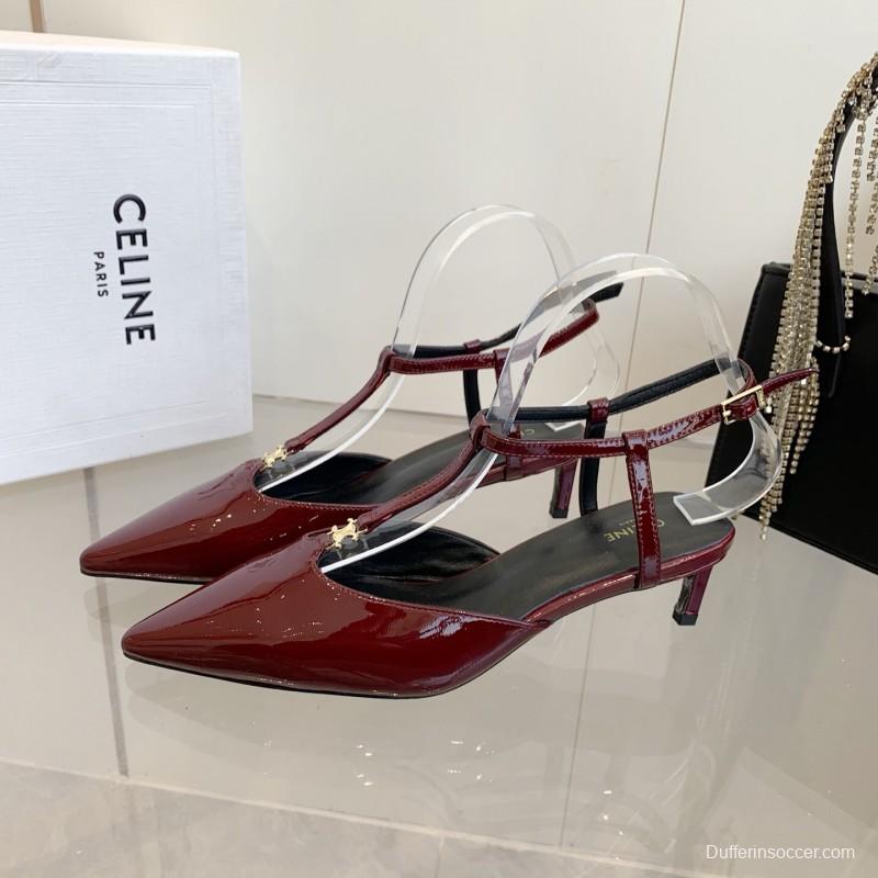 2025 Women Celine Red Patent Leather T-Strap Low Heel