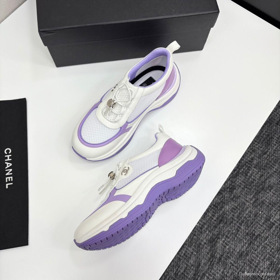 2025 Women Chanel White And Purple Leather And Mesh Casual Sneakers Chunky Sole Classic Logo LY00360(F)