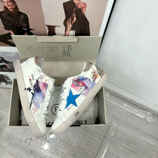 2025 Women GGDB White Blue Leather Sneakers