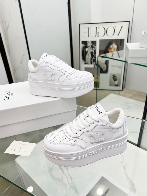 2025 Women Celine White Leather Platform Sneakers Embossed KFY00270