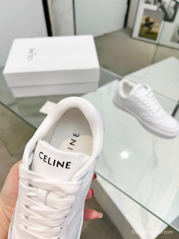 2025 Women Celine White Leather Sneakers Block Triomphe KFY00260