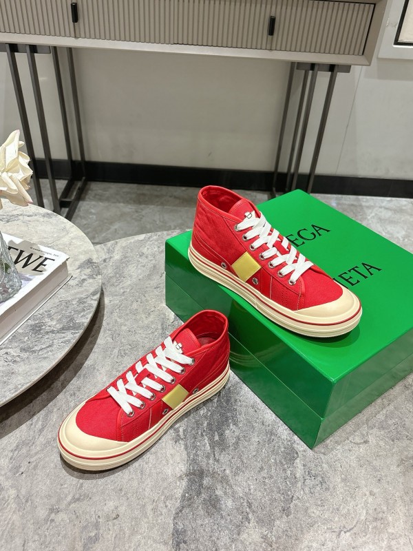 2025 Unisex Bottega Veneta Red Yellow Canvas Leather Sneakers Hand Painted KFY00260(F/M)