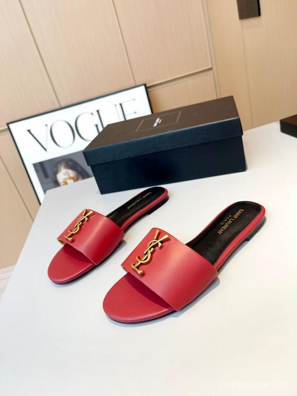 2025 Women Yves Saint Laurent Red Leather Slippers LY00180