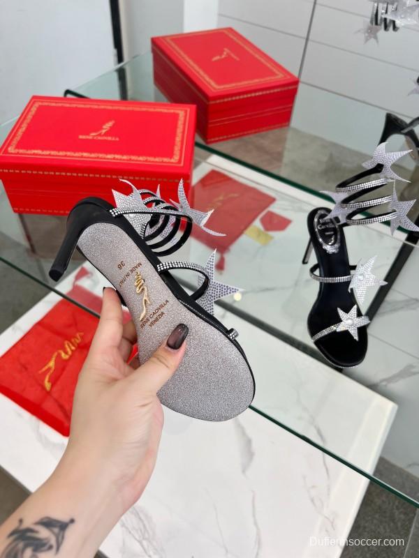 2025 Women RC Black Silver Silk Crystal High Heel Spiral Lace Sandals LY00340