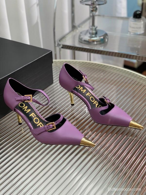 2025 Women TOM FORD Purple Gold Leather Pointed Toe Heels KFY00320