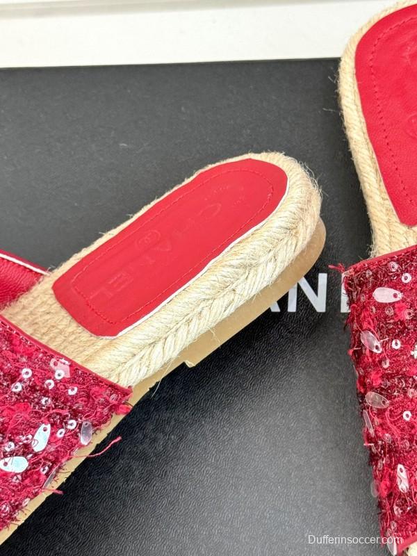 2025 Women Chanel Red Sequin Espadrille Slides Classic Craftsmanship KFY00240(F)