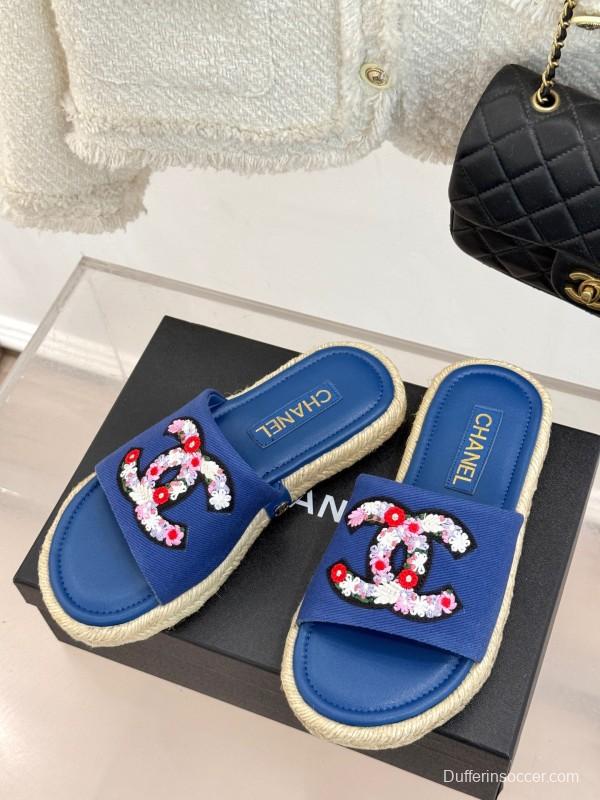 2025 CHANEL Blue Canvas Slippers Embroidered KFY00230