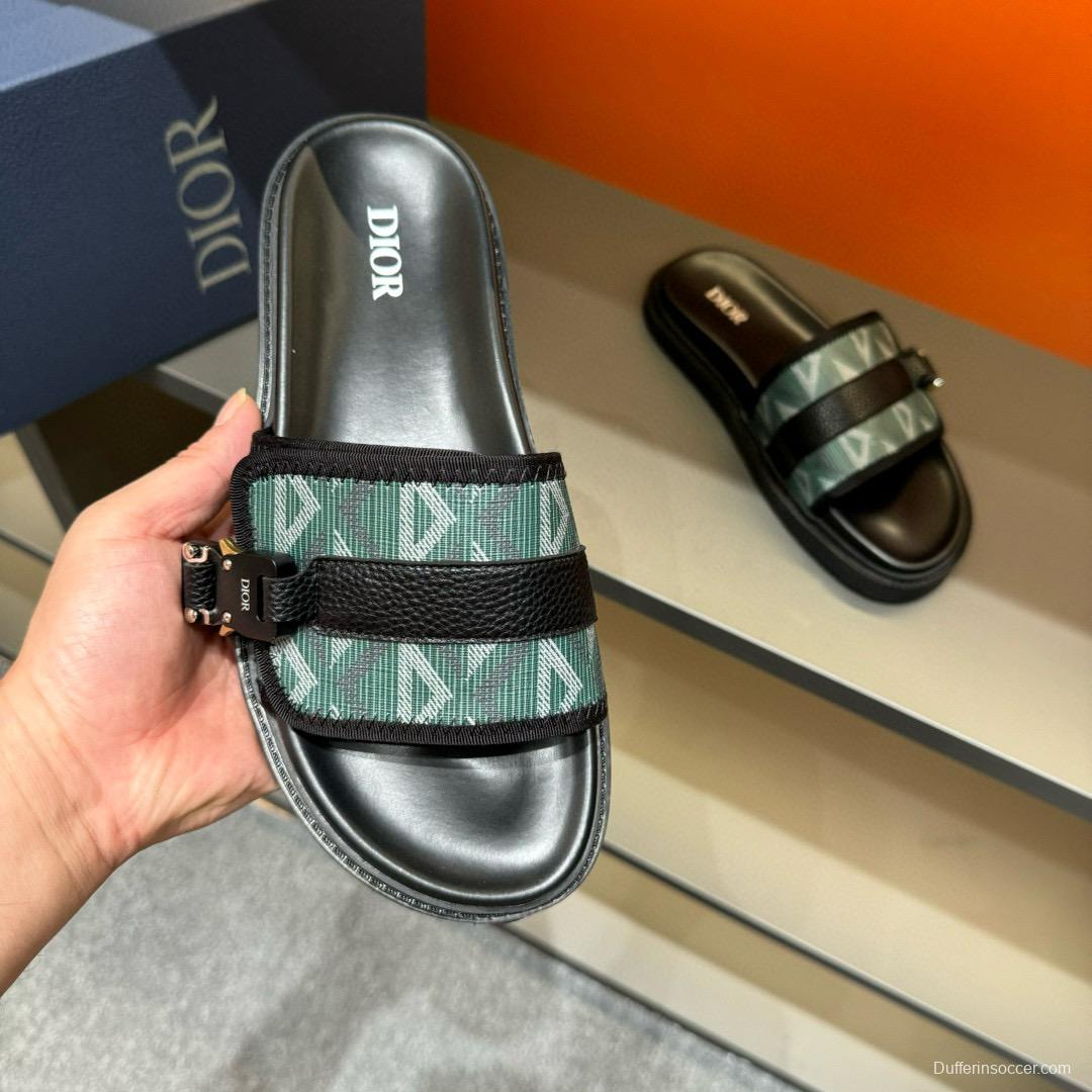 2024 Slippers Dior Green Black Leather Fabric Slippers