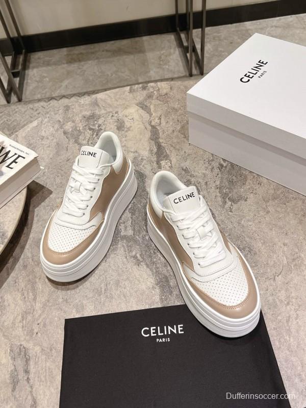 2025 Women Celine Beige White Leather Platform Sneakers