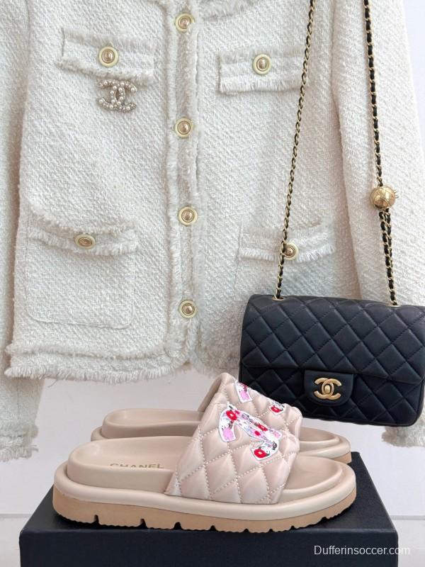 2025 Slippers Chanel Beige Silk Floral Pattern