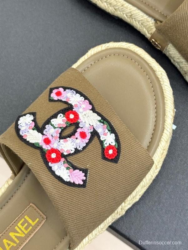2025 Women Chanel Khaki Embroidered Lambskin Slippers KFY00230