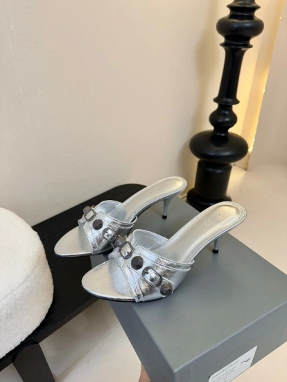 2025 Women Balenciaga Silver Leather High Heel Mules