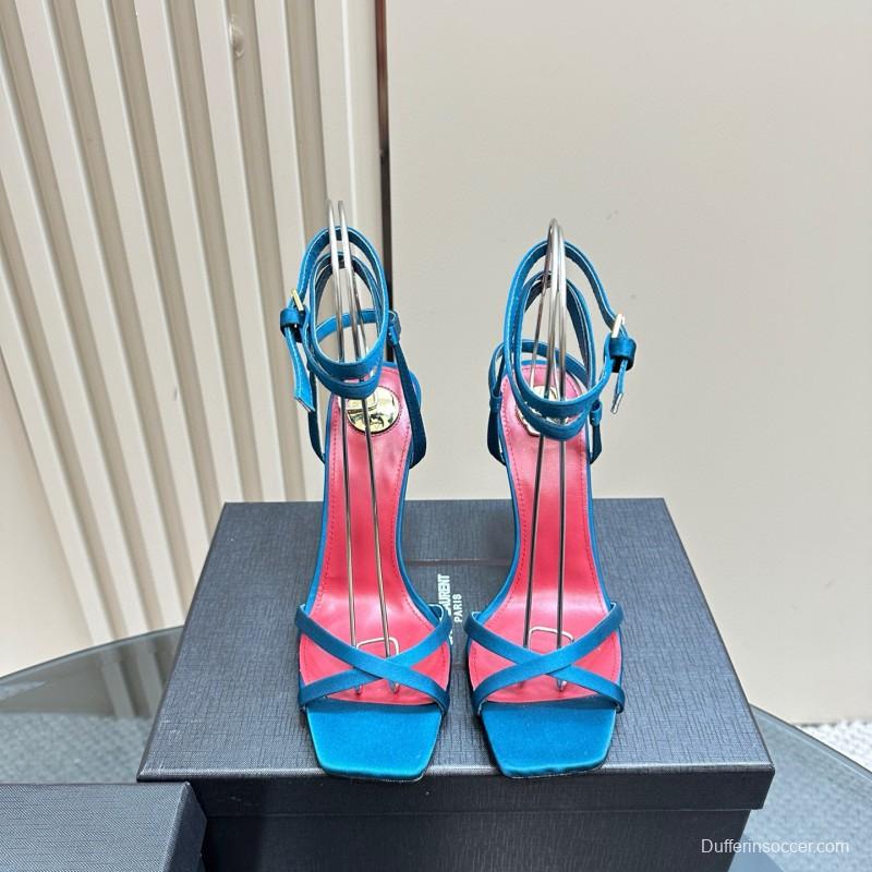 2025 Women Yves Saint Laurent Blue Satin Heeled Sandals MJ00290