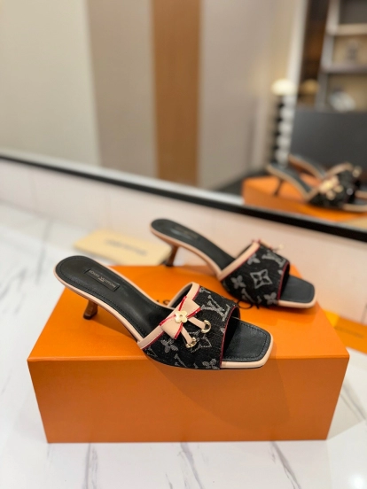 2025 Women Louis Vuitton Black Beige Denim Sandals LV Element KFY00310