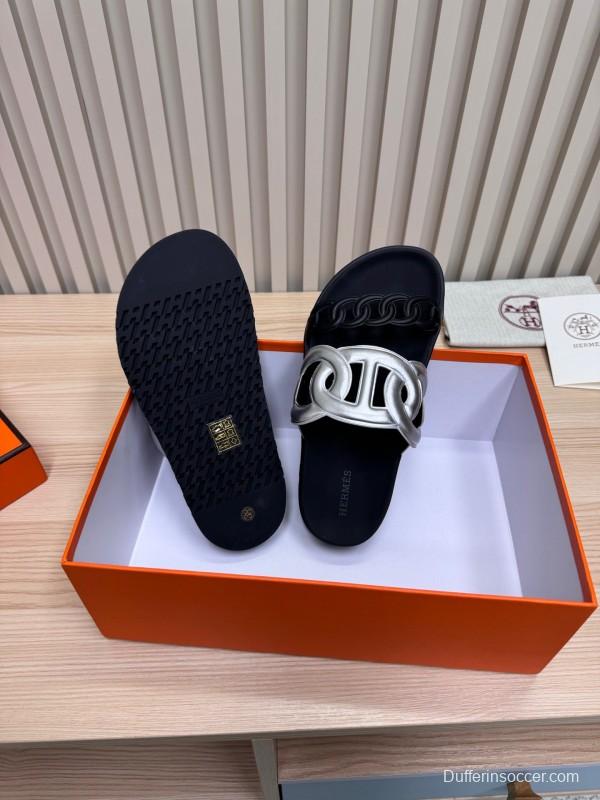 2025 Slippers Hermès Silver Black Leather Chain Decoration