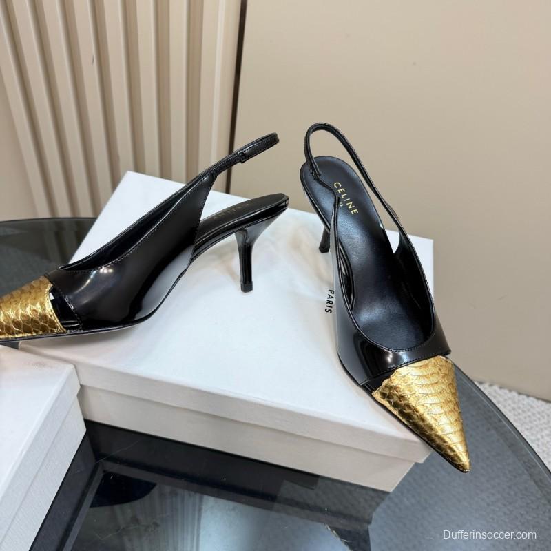2025 Women CELINE Black Gold Leather Slingback Heels