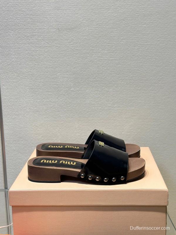 2025 Women Miu Miu Black Leather Slippers