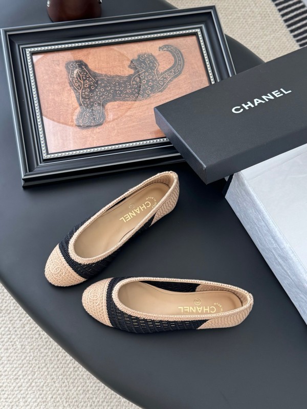 2025 Women Chanel Black Beige Knit Ballet Flats